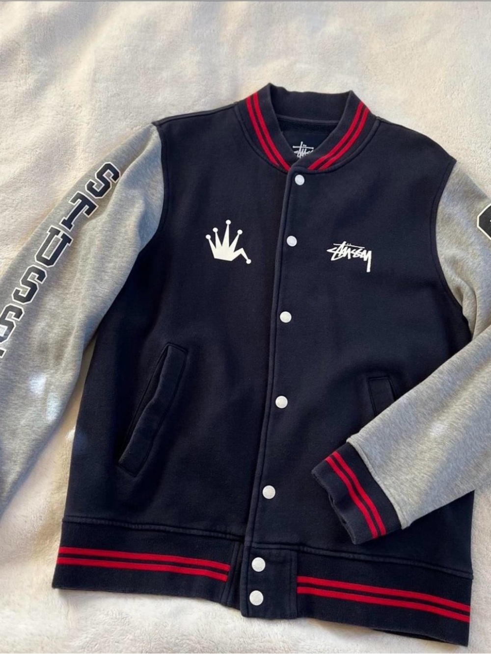 Stussy Varsity Jacket Men’s Medium Black Gray Crown 80 Streetwear